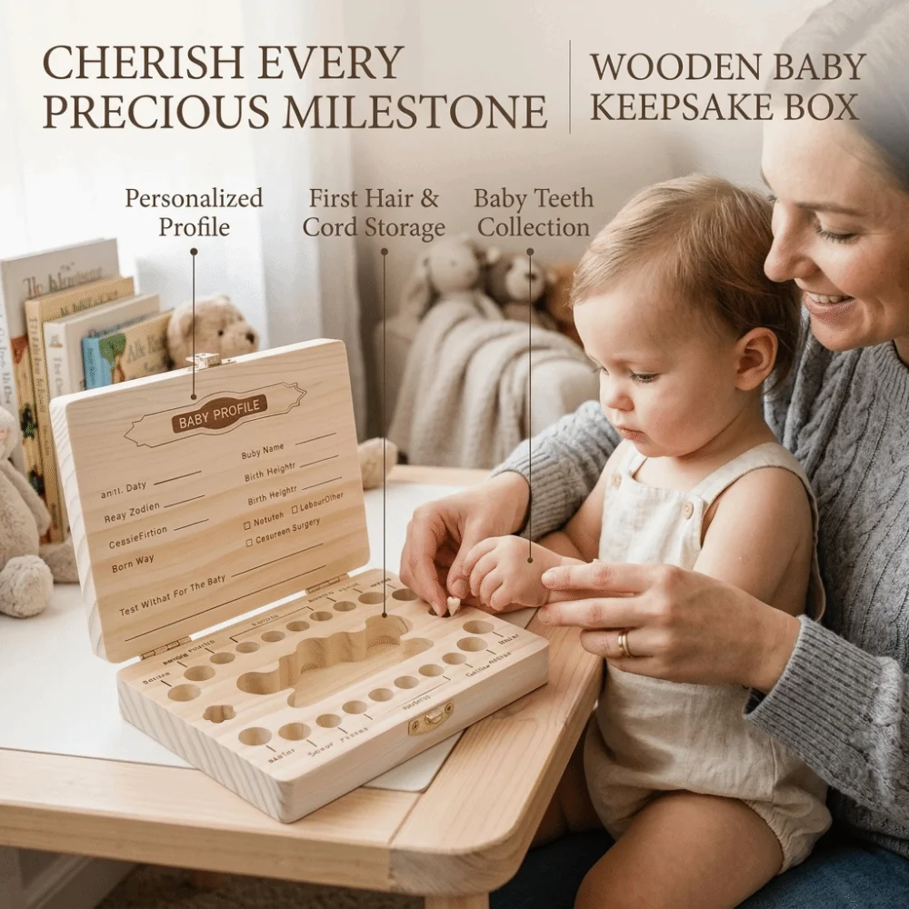 Wooden Baby Teeth Keepsake Box Dedicated Compartments Smooth Wood Material Memory Souvenir Organizer Compact Well-Structured