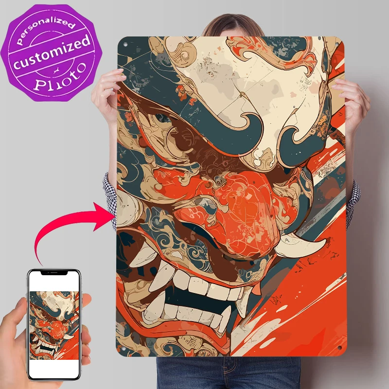 Japanese Oni Mask Digital Art Tin Poster Customized Wall Art Retro Vintage Metal Signs for Fans Room Coffee Bar Accessories Home
