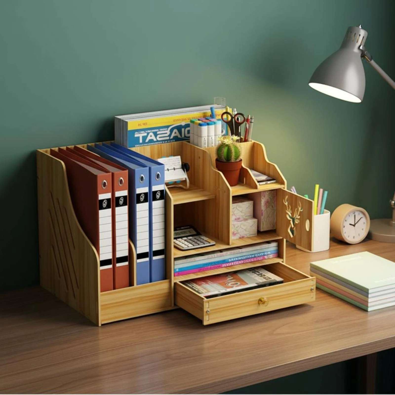 DIY Desk Storage Rack Wood Finish Multi-Tier Desktop Organizer Wooden Desk Shelf Easy Assembly Display Shelf Rack Space-Saving