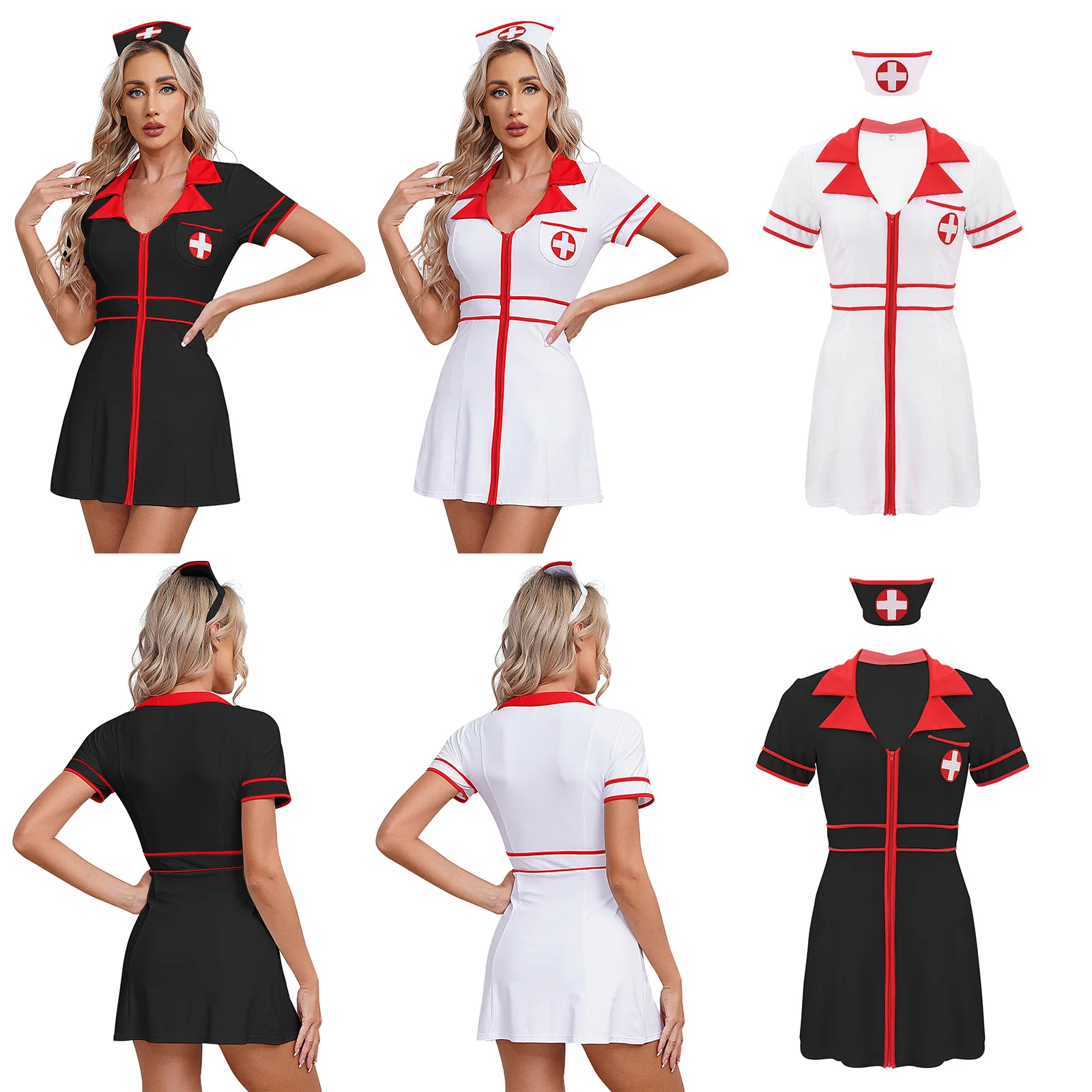 Womens Nurse Dress And Hat 2-Piece Dress-up Costumes Short Sleeve Front Zipper Dress with Headwear for Halloween Christmas view 6