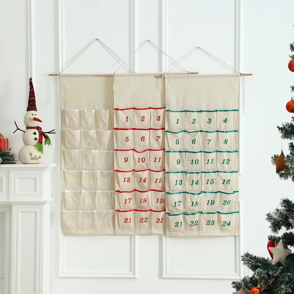 Christmas Advent Calendar Count Down 24 Pockets With Ribbon Trim String And Wooden Rod Screen Printed Number Party Decor