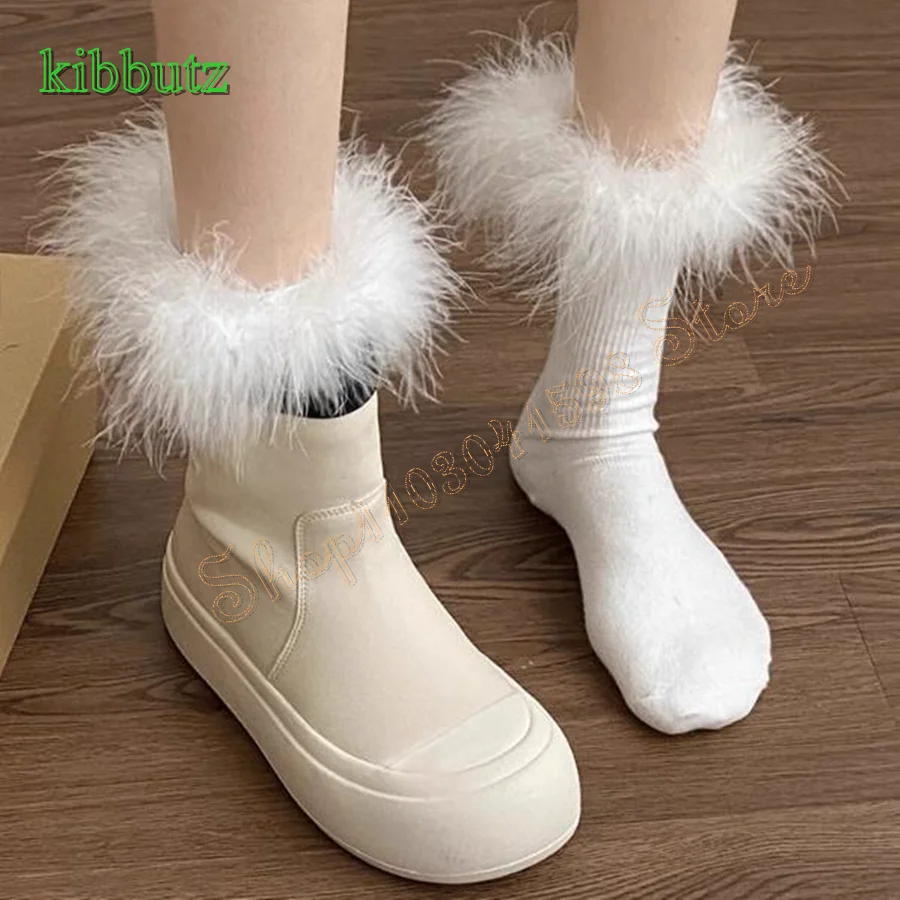 

White Platform Leather Mid Calf Boots,Round Toe Canvas Women Boots Fashion Camping Boots Plus Size 2023 New Zapatos Para Mujere