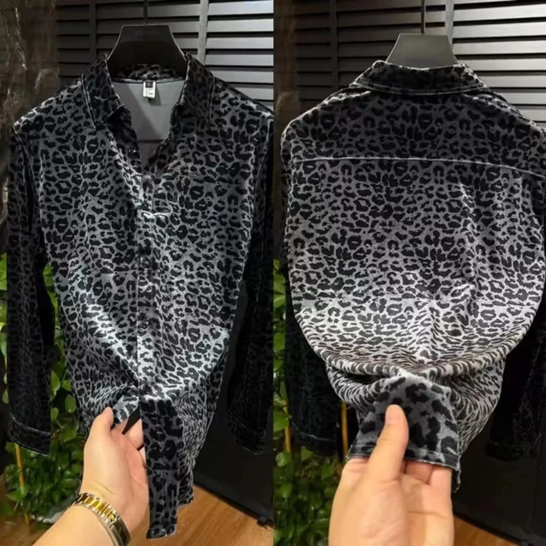 Men's Long Sleeve Shirt Fashionable Leopard Print Casual Versatile Handsome High-End Trendy Lightweight Luxury Leisure Top