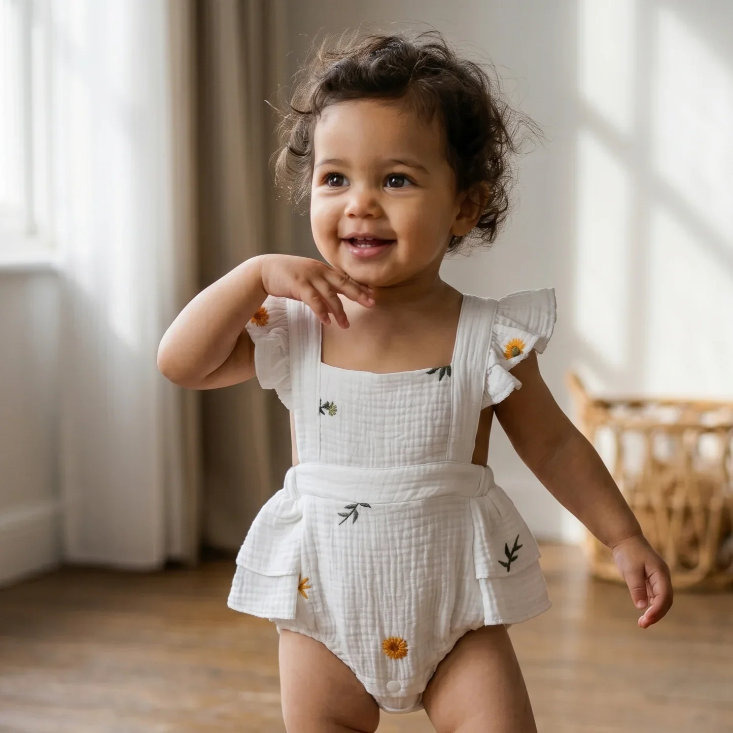 Baby Girls Summer Daisy Embroidery Romper Lotus Leaf Sleeve Design Comfortable Soft Fabric Pastoral Style Baby Clothes 0-18M