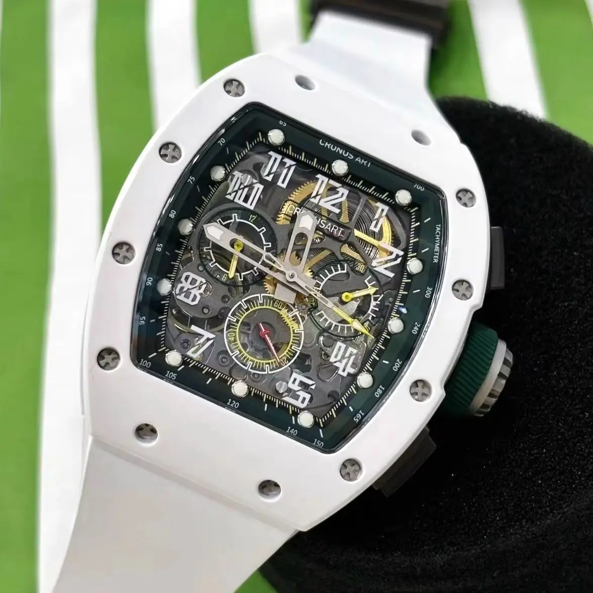 CRONUSART Men Chronograph Watch Tonneau Automatic Mechanical Wristwatch Sapphire Mirror Waterproof Luminous Skeleton FKM Strap
