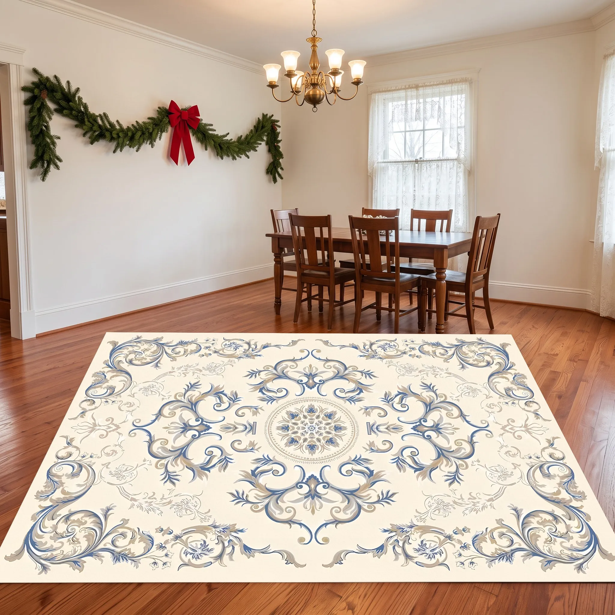 Off-White Blue European Symmetrical Scroll French Retro Christmas New Year Velvet Rug for Living Room, Coffee Table, and Bedroom