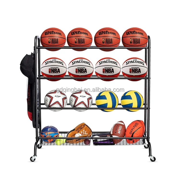 Ball Storage Garage Basketball Racks Ball Holder Rolling Sports Equipment Storage Cart with Baskets and Hooks