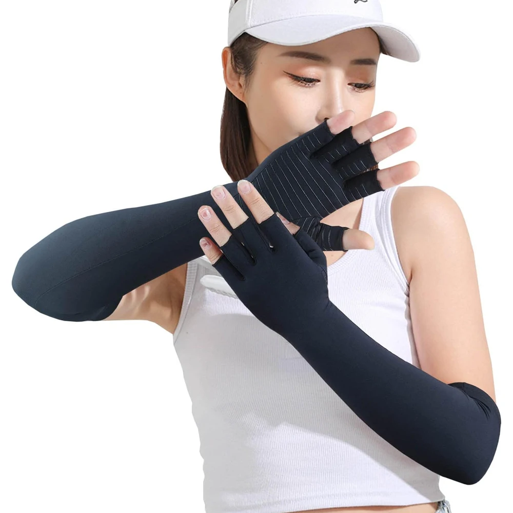 Copper Compression Arthritis Gloves Extra Long,Fingerless Support Sleeves for Carpal Tunnel,Wrist Arm Brace for Typing,Women/Men