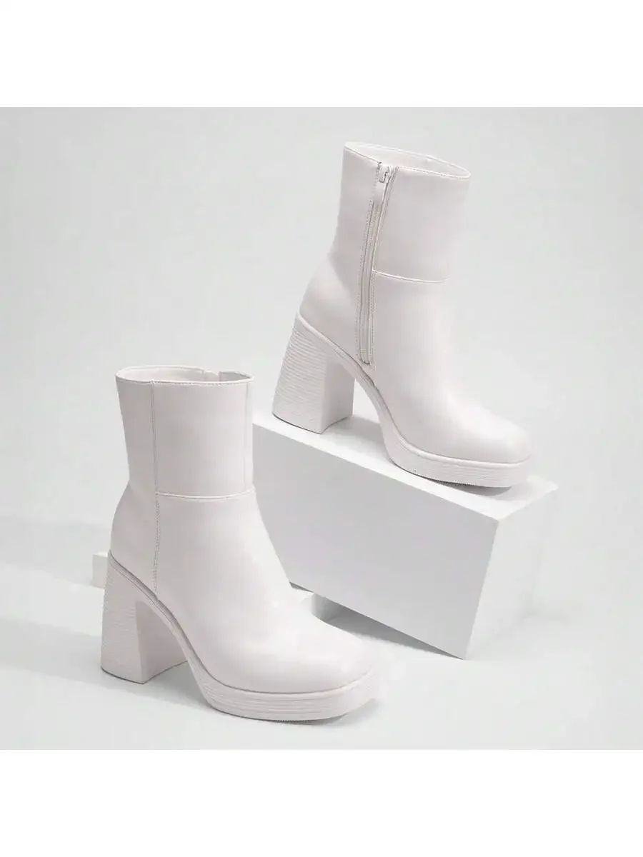 

Womens Block Heel Ankle Boots With Platform Square Toe And Zipper Closure