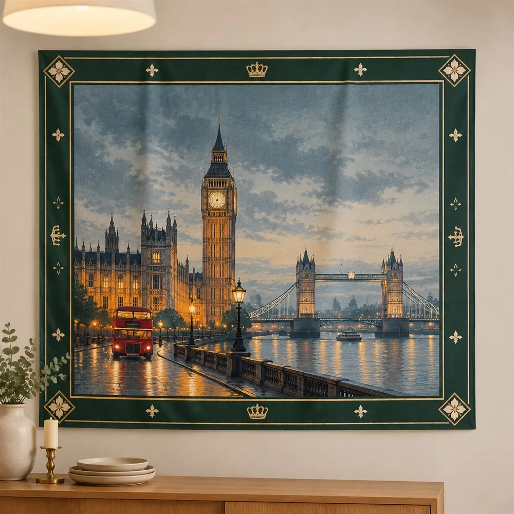 VIKAMA London Landmarks Tapestry Wall Hanging, City Scene British Aesthetic Room Decor Tapestries for Living Room Study Bedroom