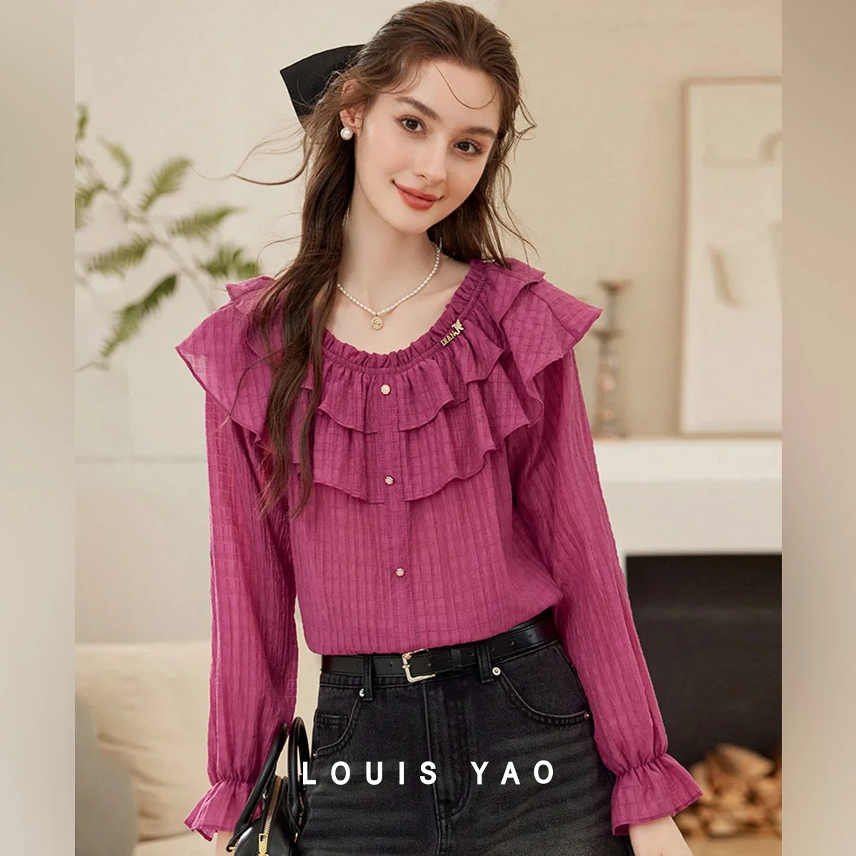 LOUIS YAO Women's Blouses 2026 Autumn Retro Women Shirt Non-stretch Flounced Edge Elegant Round Neck Top Long Sleeves Shirt