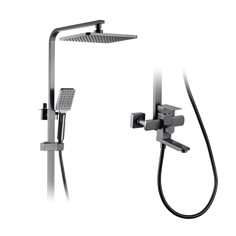 

Gun Grey Square Bathroom Stainless Steel Exposed Loading Booster Liftable Shower Hot and Cold Water Mixer Valve Shower Set