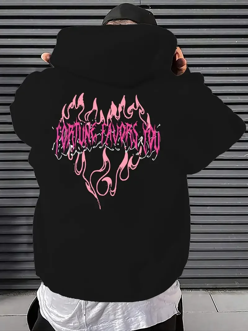 Men's Select Pattern Hoodie - White casual hoodie with pink flames and letter print, machine washable regular fit streetwear, C