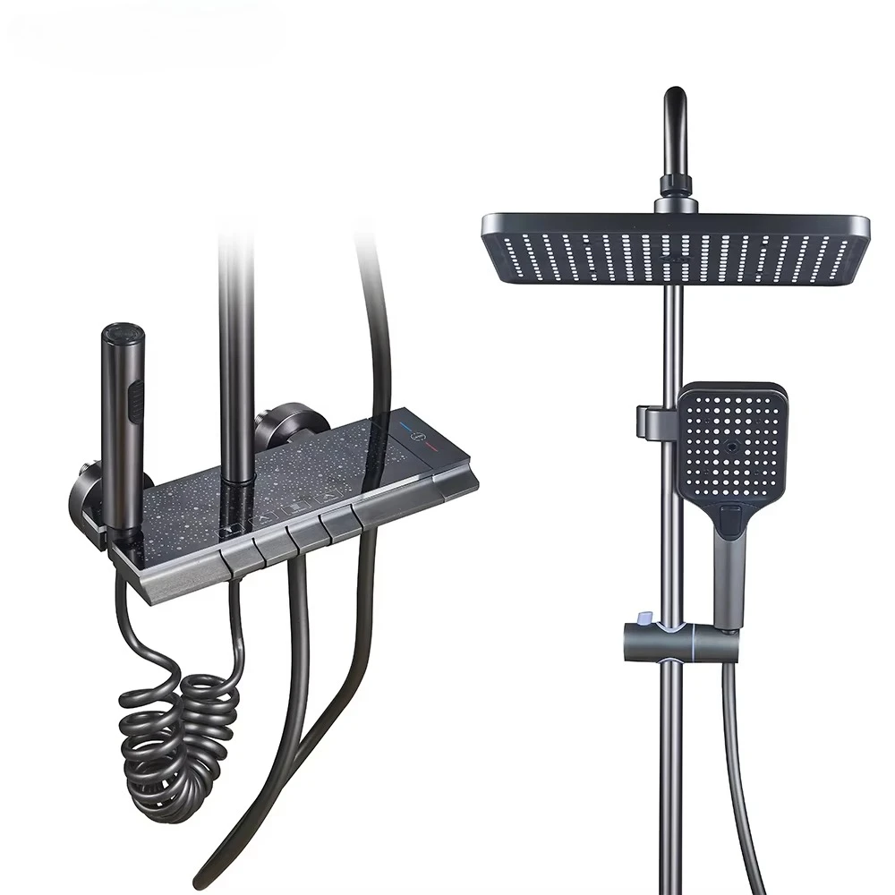 Luxury Space Aluminum Gun Gray Shower Set Piano Key Digital LED Rain Bathroom Mixer