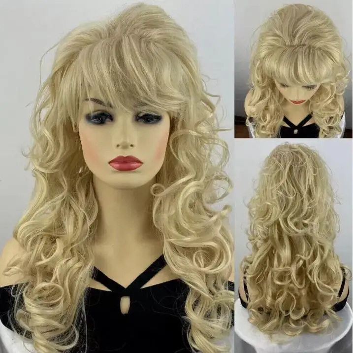

Long Curly Blonde Synthetic Hair Wigs Women Natural Party Wigs With Bangs