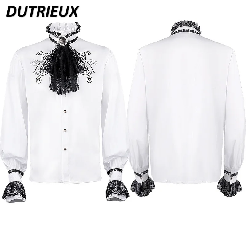 

2024 Spring New Lace Embroidered Shirt White Punk Gentleman Long Sleeve Stand Collar Top Sweet Performance Wear Blouse