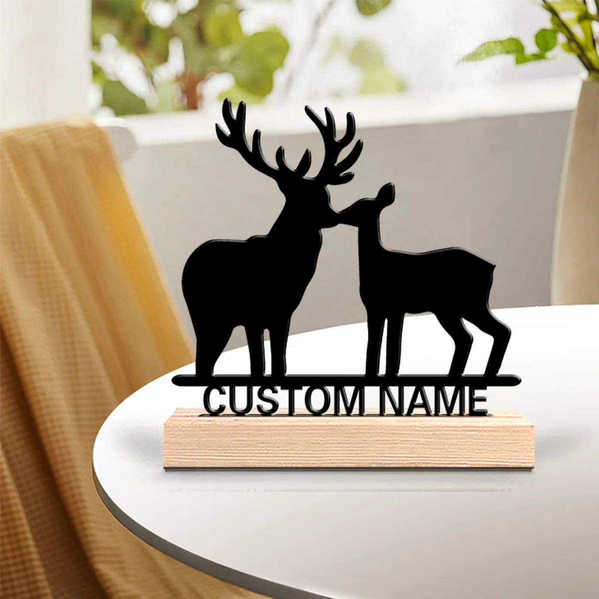 

1 pc nice elk Iron Customizable Text Tin Ornament With Wood Base Metal Sculpture With Wood Base Art Crafts With Wood Base