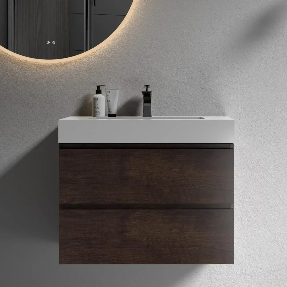 Vanity da bagno da 30 pollici con lavabo con troppopieno, ampio contenitore sospeso a parete, mobiletto per lavabo da bagno minimalista