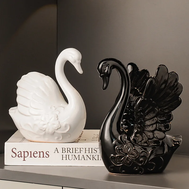 Ceramic Swan Couple Statue Set Romance Cygnus Figurine Home Decor Fashion Living Room Desktop Ornament Centerpieces for Weddings