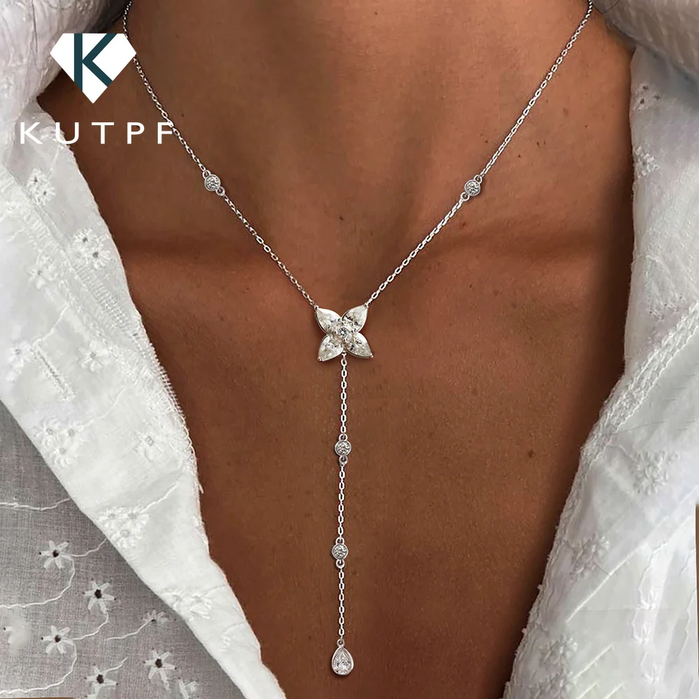Pear/Round Bezel Set Moissanite Lariat Pendant Necklace S925 Silver Y-Style Long Tassel Waterdrop Diamond Neck Chain for Women