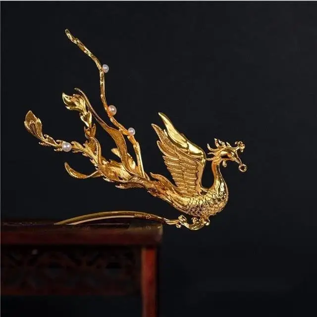 Ancient Style Phoenix Brass Gold-plated Hanfu Temperament Shooting Supplies Hairpin Women's Chinese Style Ethnic Style Noble