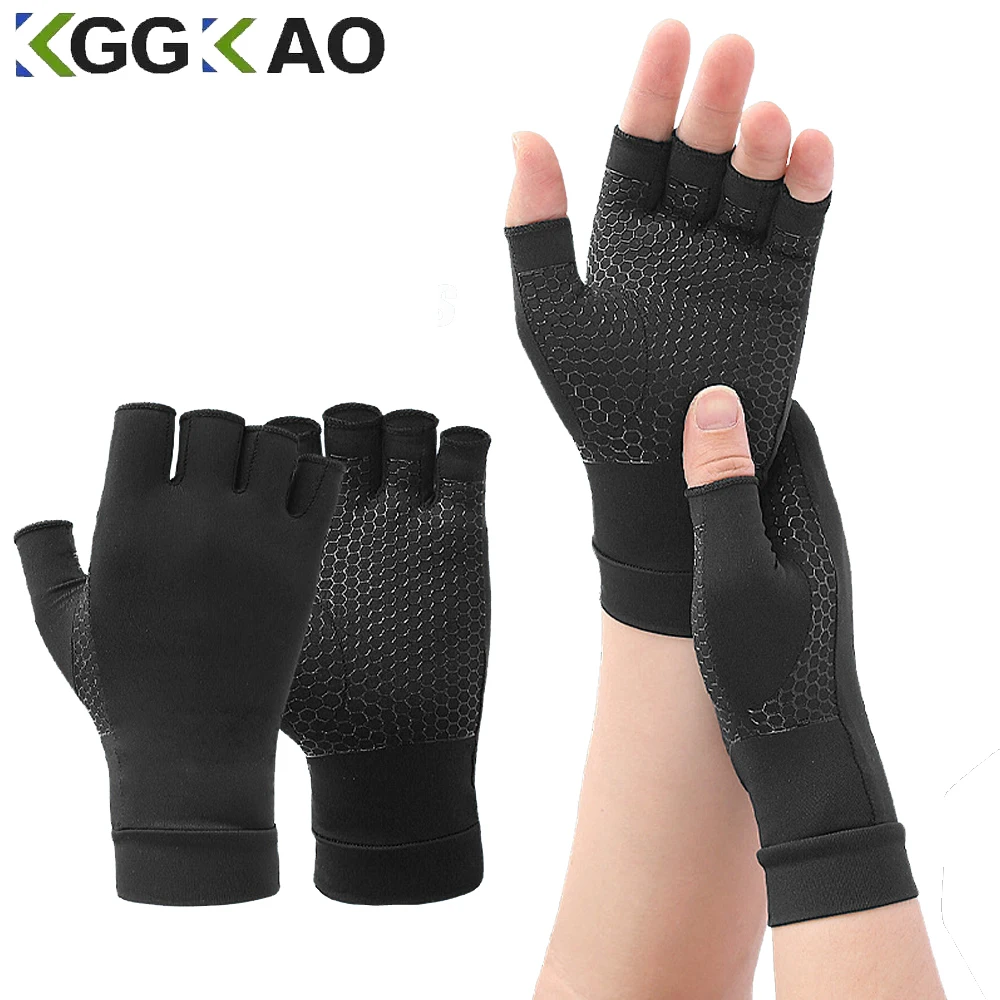 1Pair Copper Arthritis Gloves for Carpal Tunnel, Fingerless Computer Typing Gloves for Rheumatoid, Tendonitis Women & Men