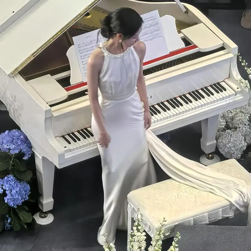 

Hanging Neck Backless Sleeveless Dress Wedding Engagement French Style White Dress Light Luxury Trailing French Style Customized