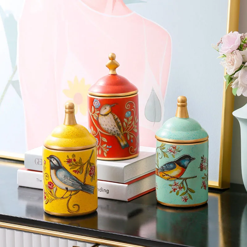 Vintage Ceramic Kitchen Canister Jars Storage Bottles Retro Tea Candy Tin Sugar Pot Pastoral Bird Printing Painted Storage Cans