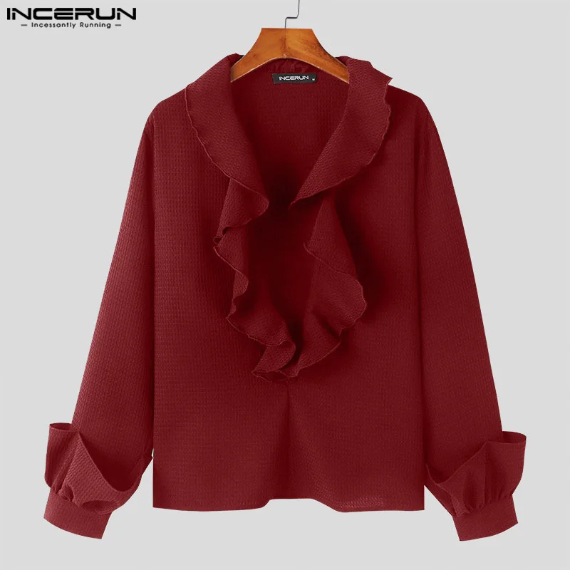 INCERUN Men Shirt Solid Color Deep V Neck Long Sleeve Ruffle Casual Men Clothing Streetwear 2024 Fashion Leisure Camisas S-5XL