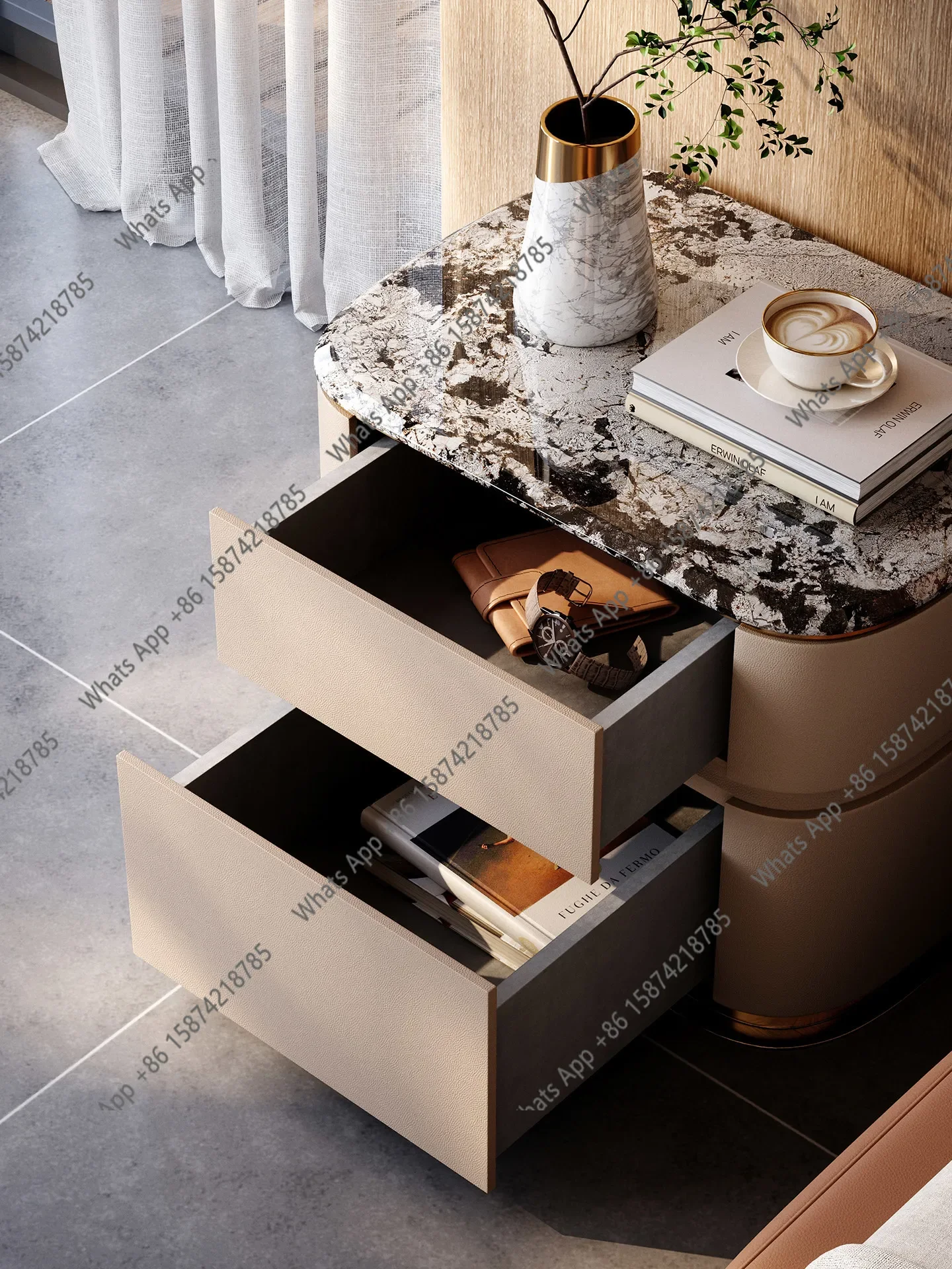 X25 Natural Luxury Stone Bedside Table, Italian Light Luxury Villa Bedroom, High-end Whole House With Bedside Table Combination