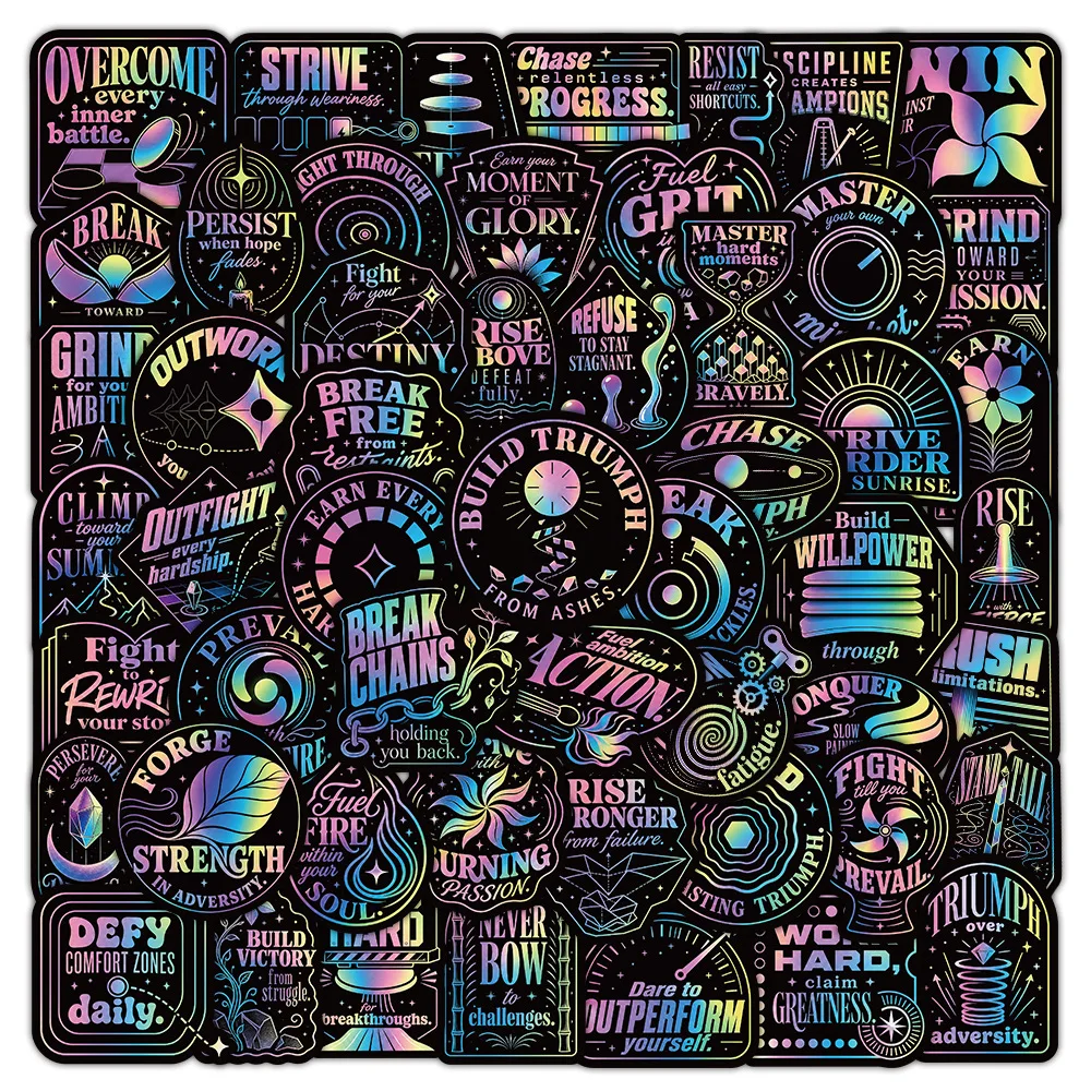 50Pcs Holographic Positive Energy Motivational Text Stickers Waterproof for Laptop Notebook Skateboard Helmet Reward Journal DIY