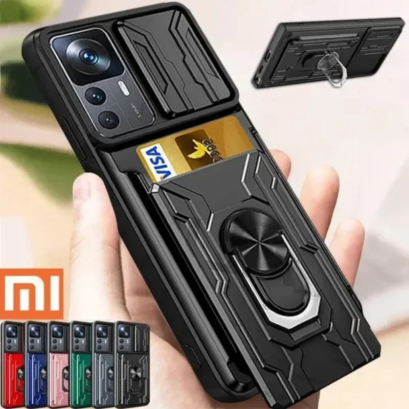 Étui antichoc de luxe pour Xiaomi, support d'anneau en métal, fente pour carte En, écouteurs, Xiaomi 13 Pro 12T 11T Pro Redmi Note 12 11 10 Pro