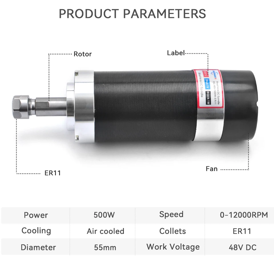 Daedalus CNC Spindle 500w ER11 Brushless DC Spindle Motor Power Supply With 55MM Clamp Bracket Speed Display