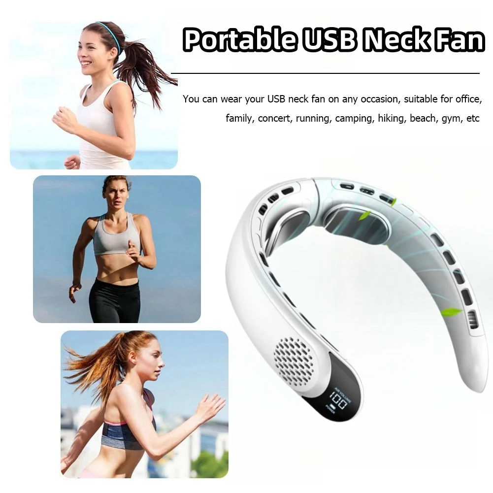 4000mAh Leafless Portable Neck Fan 3 Gears Adjustable Super Strong Wind Fast Cooling Multi-Function Digital Display Neck Fan