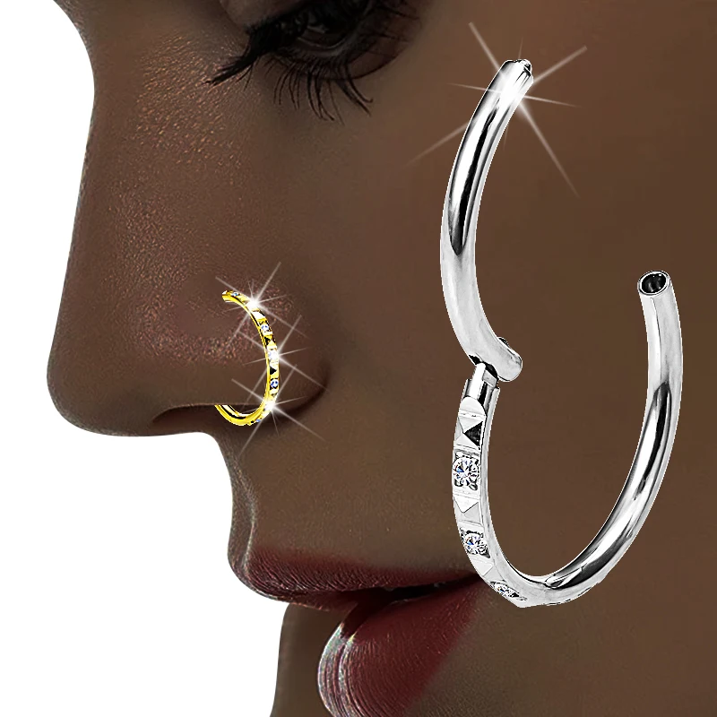 1pc Side Pyramid Hinged Nose Ring Lip Piercing Hoops Zirconia Stainless Steel Cartilage Tragus Daith Earring Body Jewelry 18G