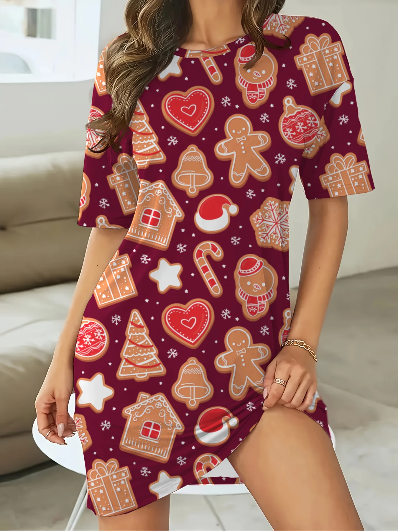 فستان تي شيرت نسائي مطبوع عليه سانتا آند بيل لعيد الميلاد - زي أحمر وحفلات العطلات مع فساتين نسائية بأكمام قصيرة ملابس Y2k #4