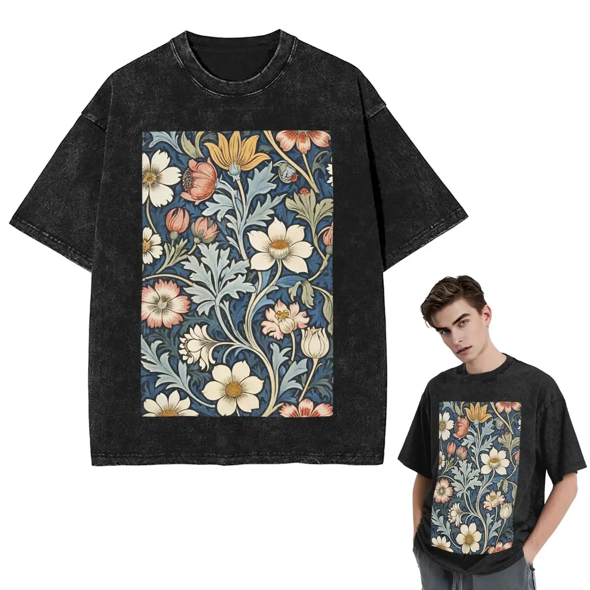 Streetwear T-Shirts Framed William Morris Botanical Bliss Washed T Shirt Short Sleeve Hip Hop T-Shirt Tops Tees for Men Women