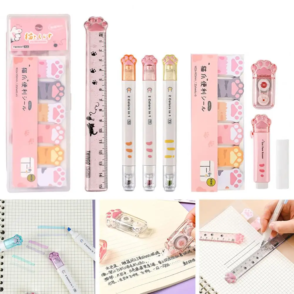 Cat Themed School Supplies Adorable Cat Paw Stationery Set Eraser Highlighters Sticky Notes Ruler Pencil Box for School for Cat