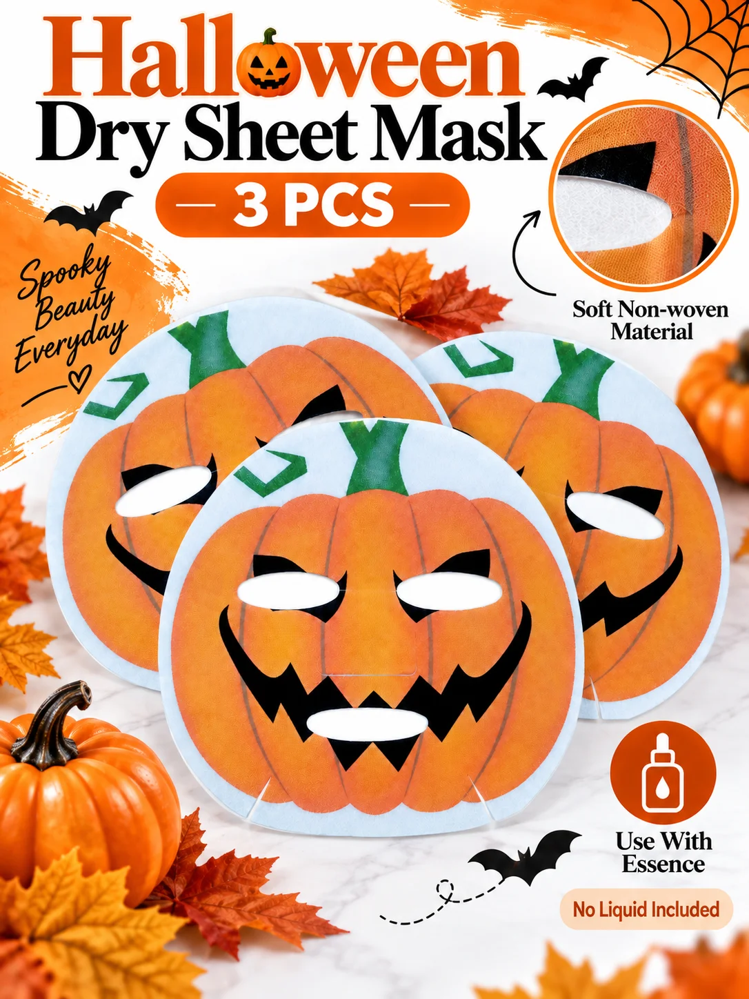 Halloween Pumpkin Dry Sheet Mask Paper 3PCS, Halloween Facial Mask Sheets, No Liquid Included, Use with Essence, Costume Party B