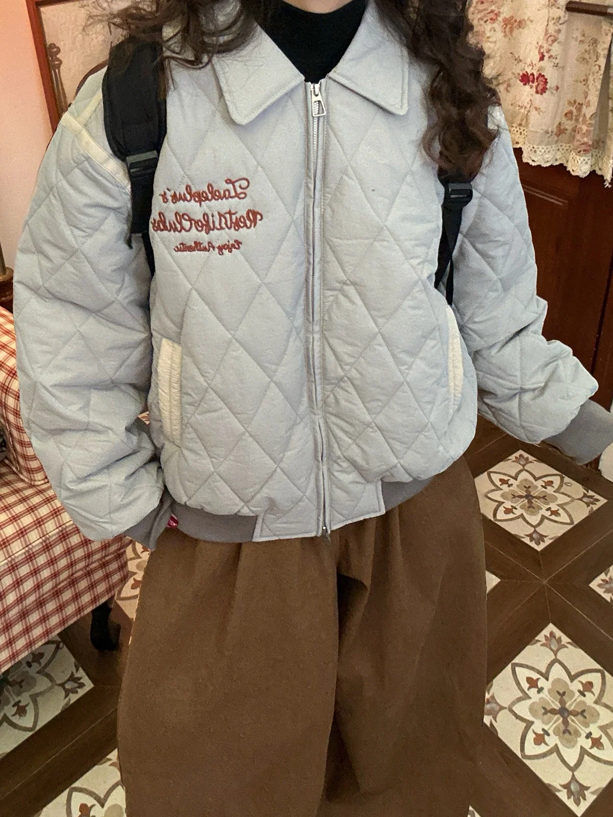 

Retro American Embroidered Letter Cotton Jaet for Couples Women's Sle Versatile Winter New Arrival Long Sve Zipper