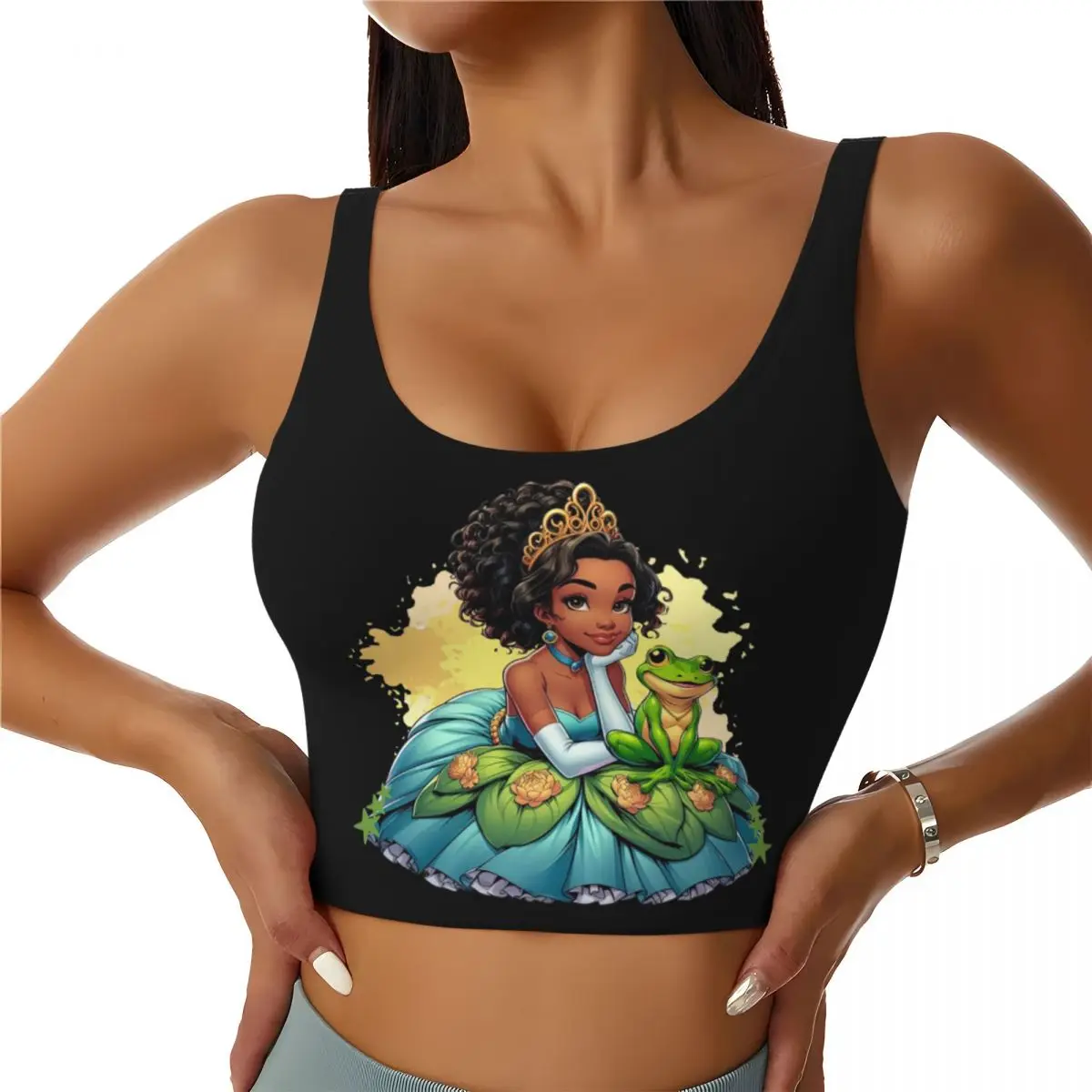 Custom Women's Princess Tiana And The Frog Sports Bras High Impact Gym Workout Yoga Crop Tank Tops