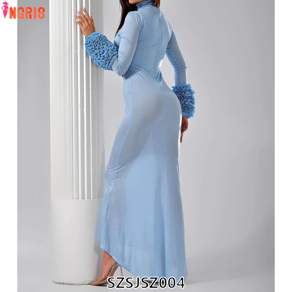 

High Quality Mesh See Through Dress Party Elegant Puff Slim Sexy Bodycon Evening Dress Long Luxury Party Dress-SZSJSZ004