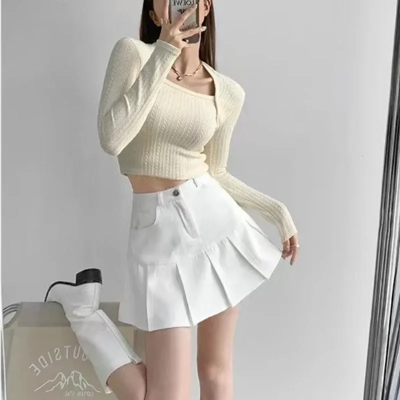 Vintage High Waist Pleated Skirt Women College Style Uniforms Safety Pants Mini Skirts Woman Korean Street Slim A-Line Skirt