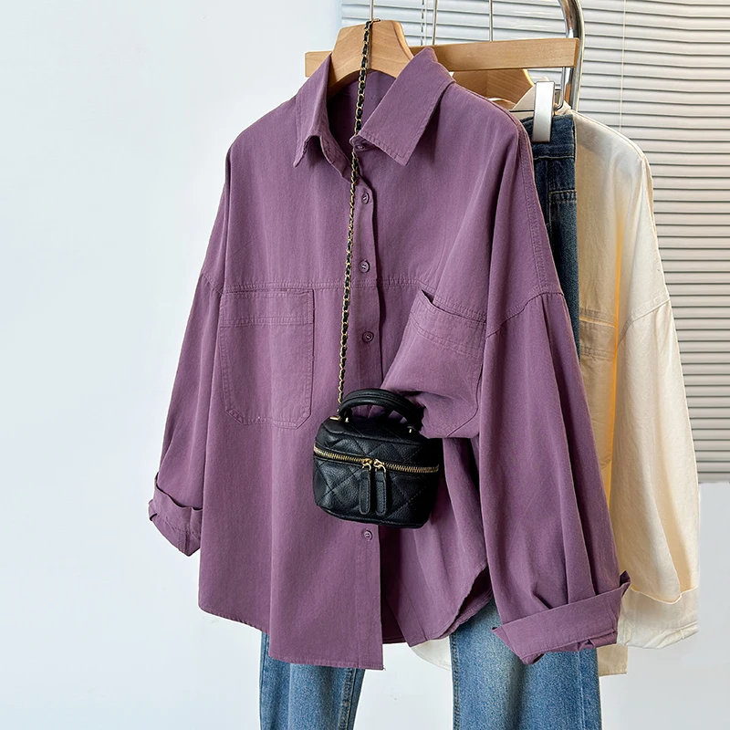 

Ladies Long Sve Turn-down Collar irt Double ket Versatile Autumn Korean Sle Casual Outerwear Cotton Blend Regular Fit