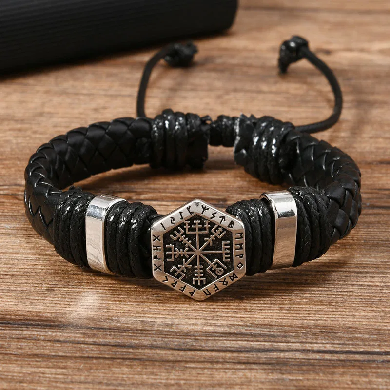 Handmade Leather Braided Norse Rune Viking Bracelets Gothic Lucky Cuff Braclet Personalized Men Leather Bracelet Hand Jewelry view 6