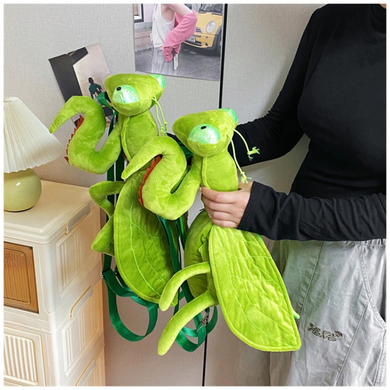 Novelty Green Mantis Plush Backpack Lifelike Insect Stuffed Doll Shoulder Bag, Soft Fluffy Casual Daypack For Party Cosplay Gift