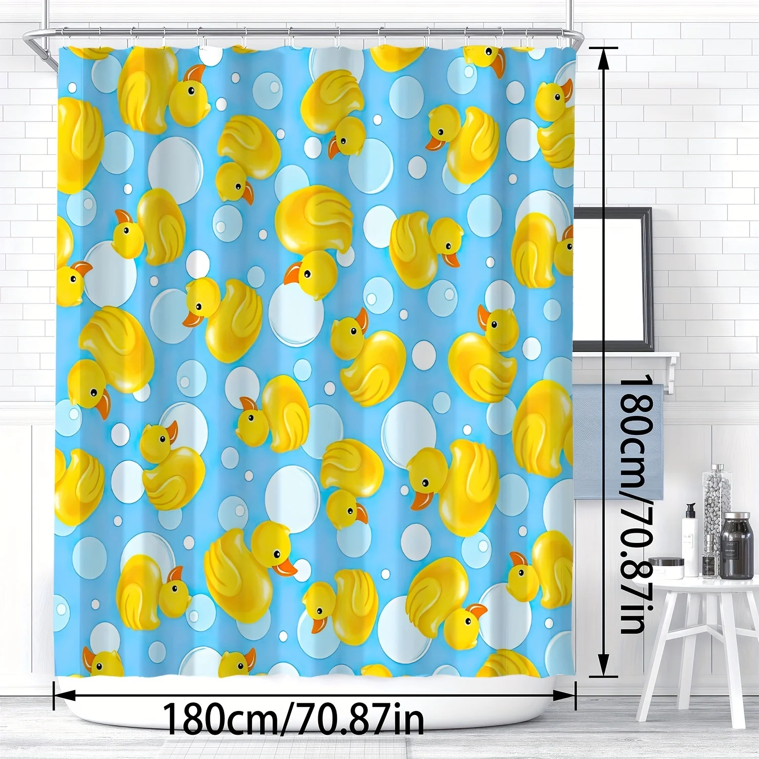 1pc Shower Curtain - Cute Yellow Rubber Ducks and Bubbles on a Light Blue Background Design Waterproof