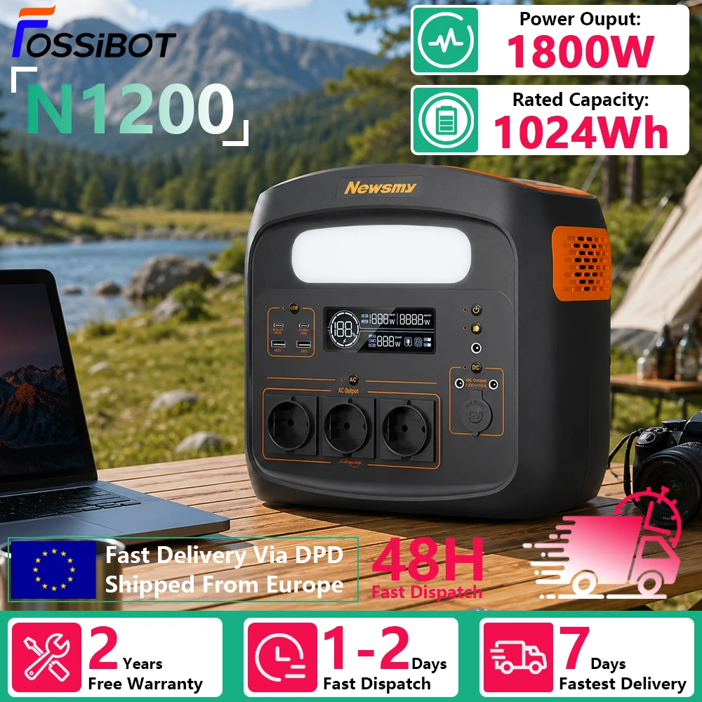 [Versand aus innerhalb Europas] Newsmy N1200 Tragbare Powerstation 1102,5Wh Kapazität LiFePO4-Akku mit 2500+ Zyklen 1200W Nennleistung 9 Ausgangsanschlüsse Smart HD LCD-Display LED-Beleuchtung