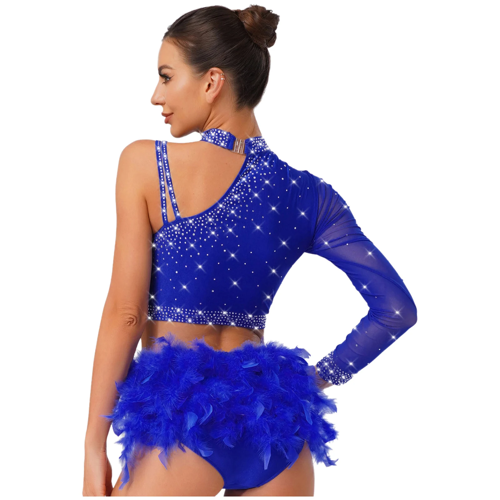 Top corto da ballo latino da donna Top singolo a maniche lunghe con spalla asimmetrica con strass per danza del ventre Chacha Tango Dancewear
