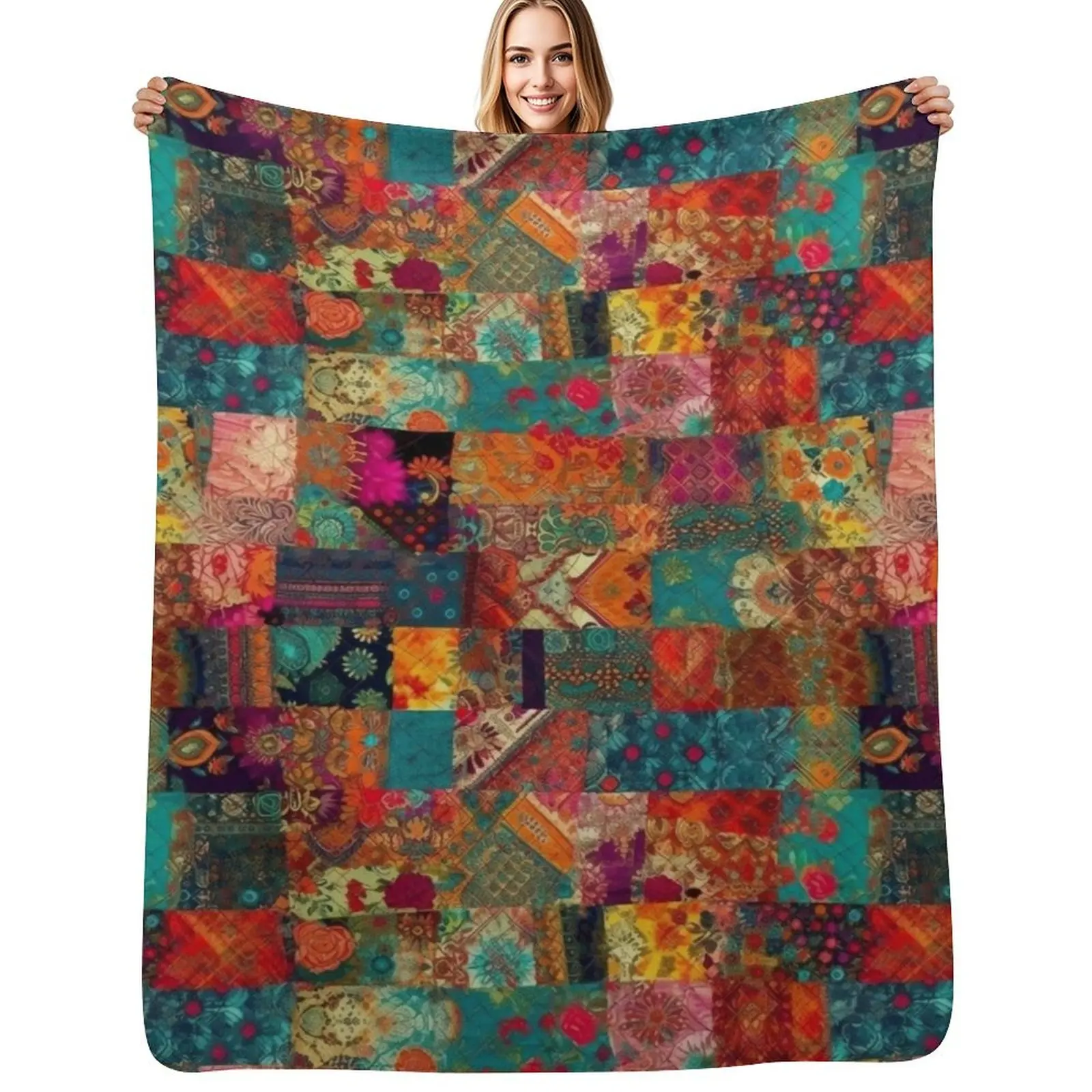 Bohemian Patchwork Wonderland Vibrant Bright Hippie Throw Blanket valentine gift ideas Cute Sofas Custom Thins Travel Blankets